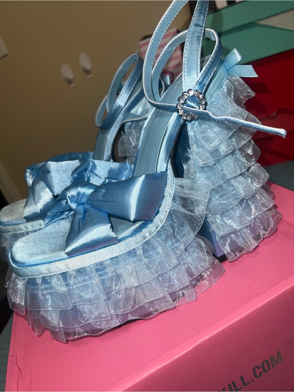 Sugar Thrillz Light Blue Ruffle Platform Heels with Bow
